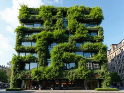 Modern Building Facade Covered In Lush Green Vegetation