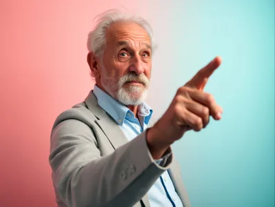 Senior Man Pointing Forward Against Dual Tone Background
