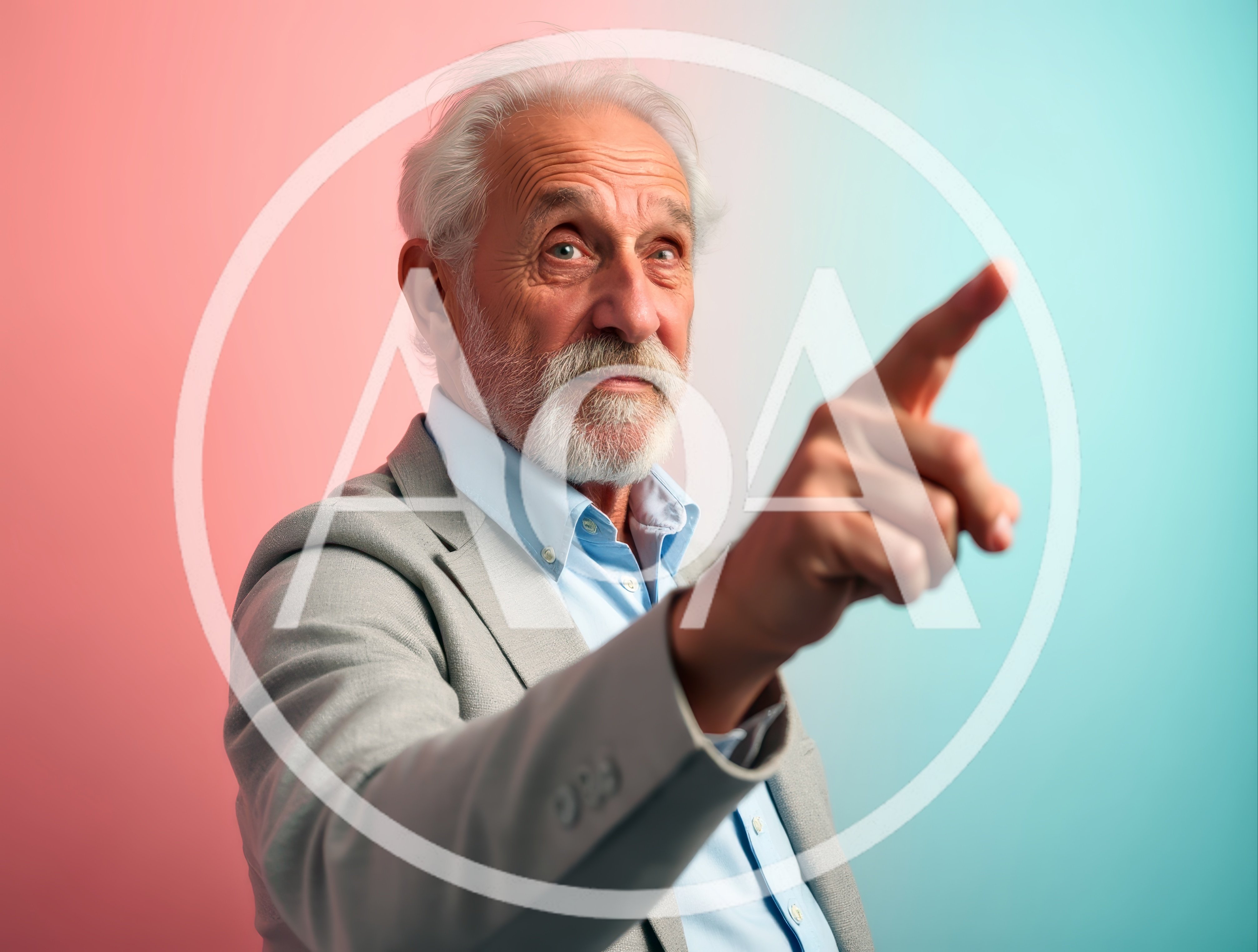 Senior Man Pointing Forward Against Dual Tone Background
