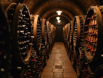 Wine Bottles Stored In Traditional Stone Cellar