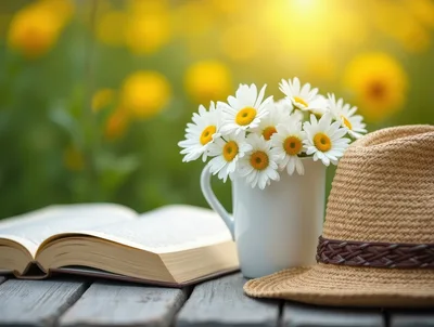 Open Book With Daisies And Straw Hat