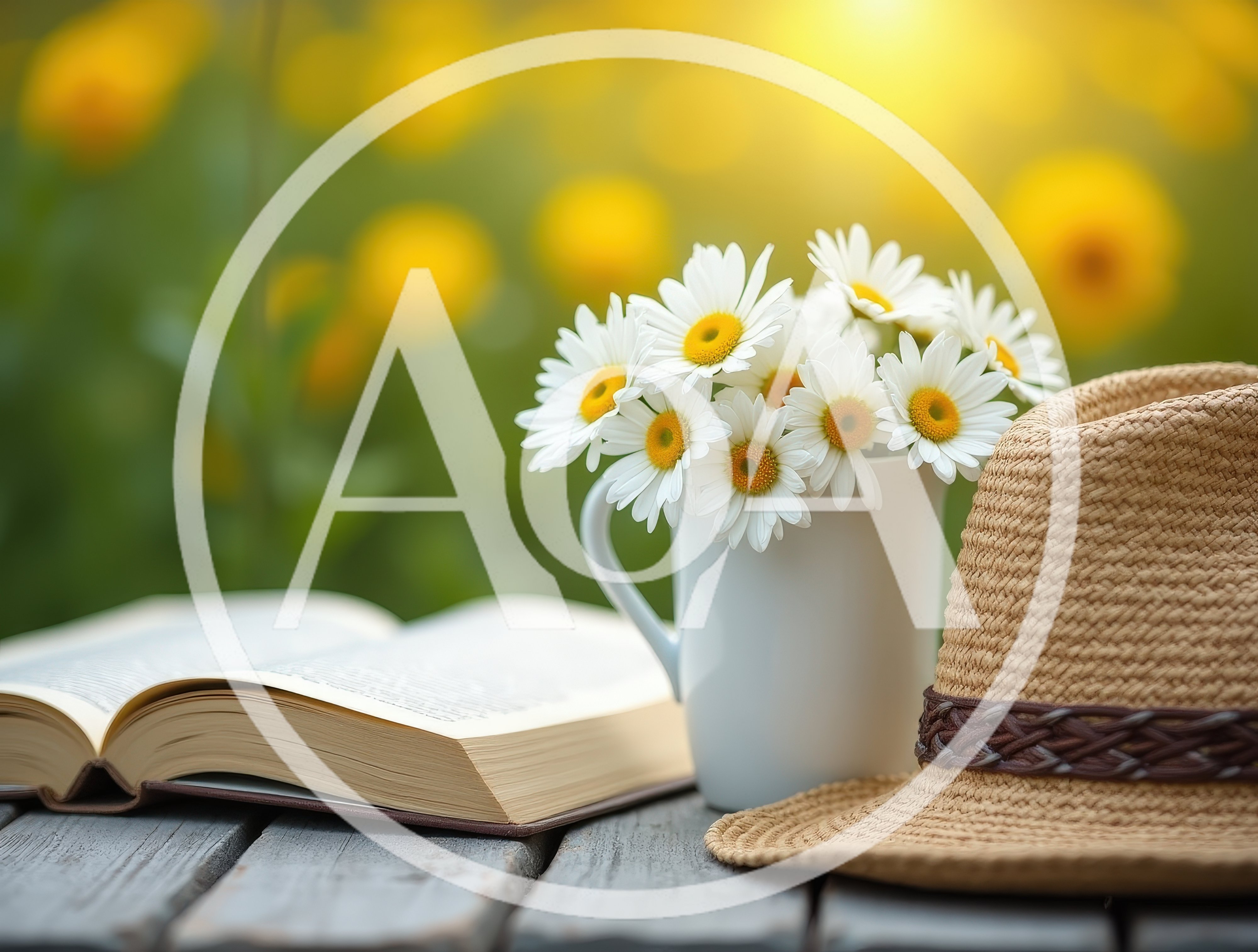 Open Book With Daisies And Straw Hat