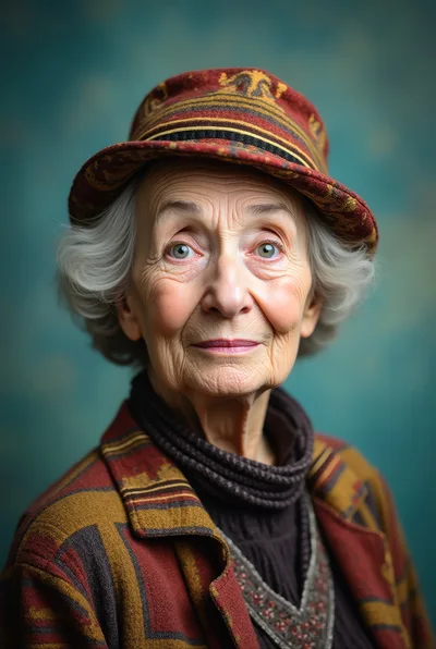 Portrait Of An Elderly Woman Wearing A Patterned Hat