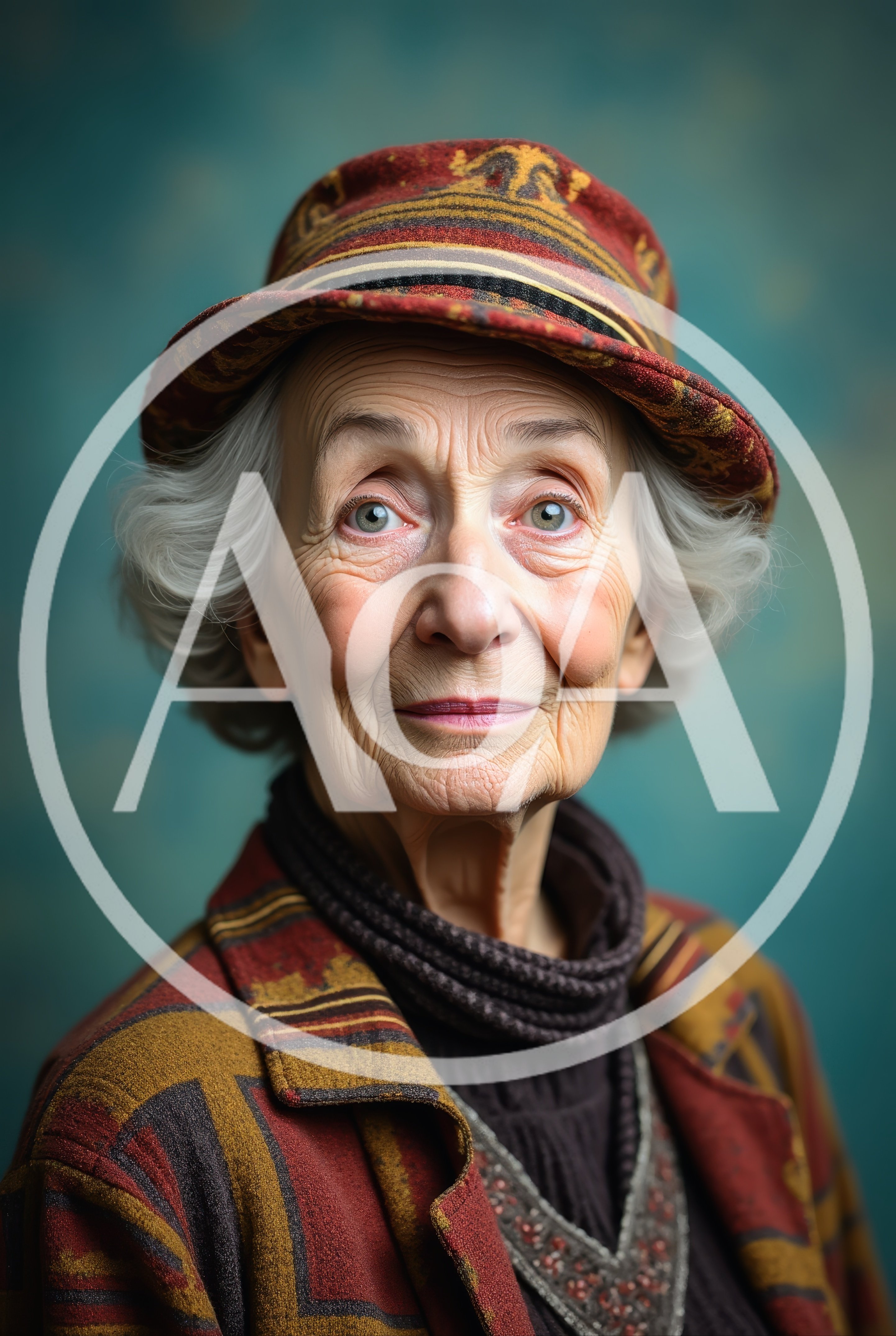 Portrait Of An Elderly Woman Wearing A Patterned Hat
