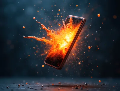 Smartphone Exploding With Intense Orange Fire Particles