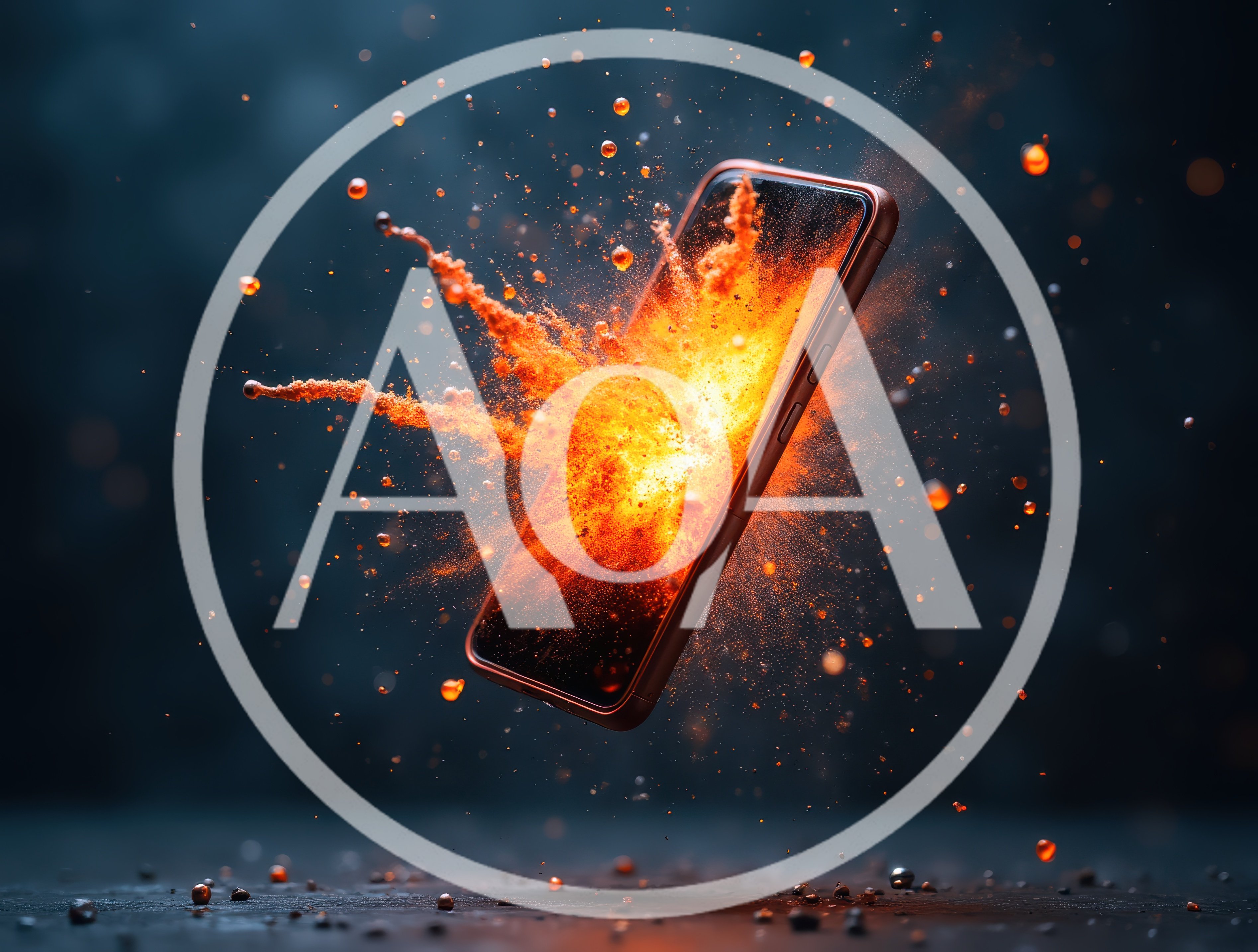 Smartphone Exploding With Intense Orange Fire Particles