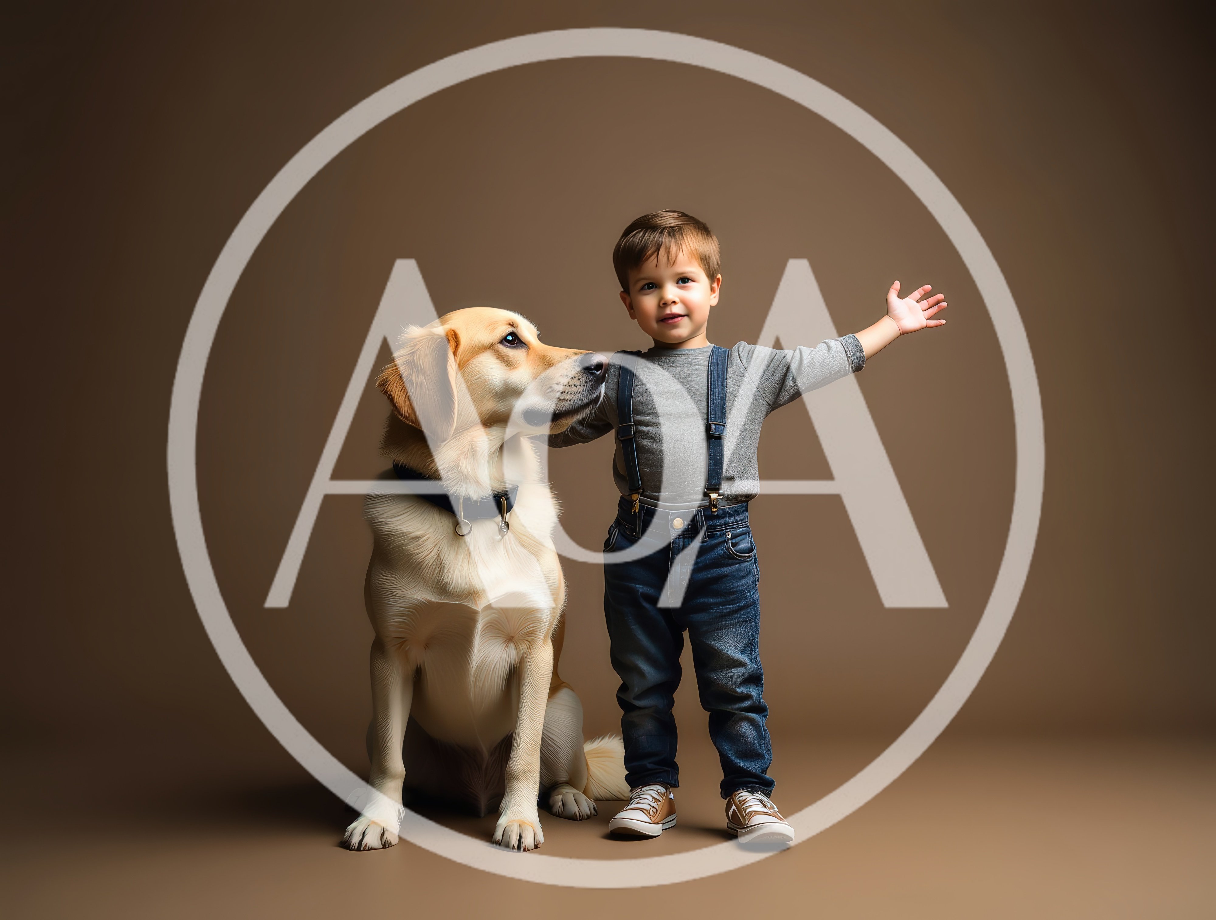 Young Boy Standing With Golden Retriever Dog