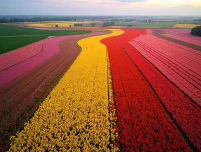 Aerial View Of Vibrant Tulip Fields In Spring