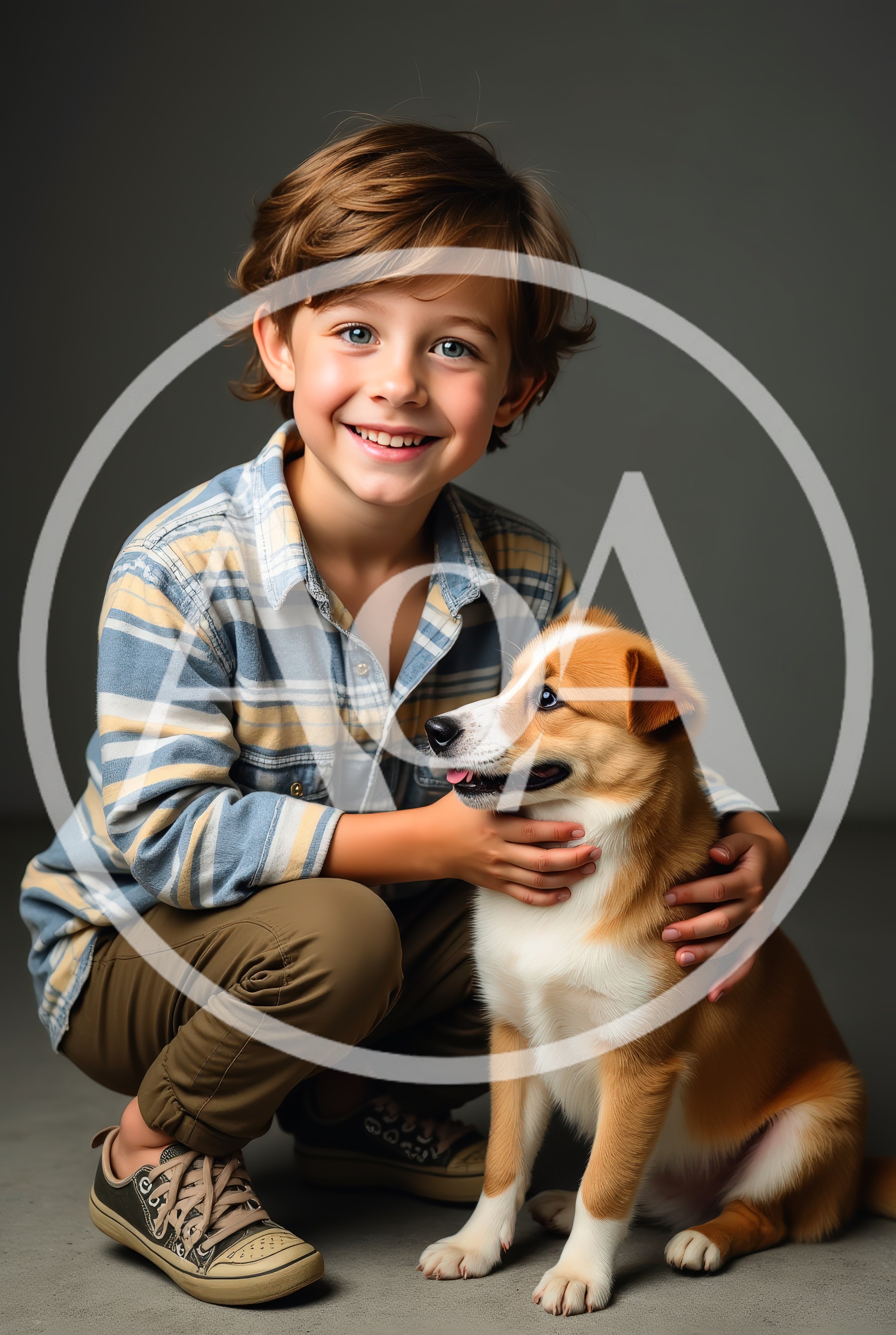 Young Boy Smiling While Hugging His Puppy