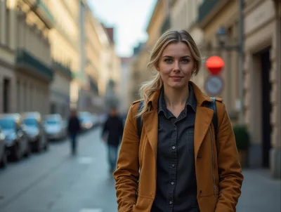 Young Woman Walking Through A European City Street