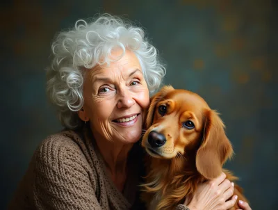 Senior Woman Embracing Her Golden Retriever Dog