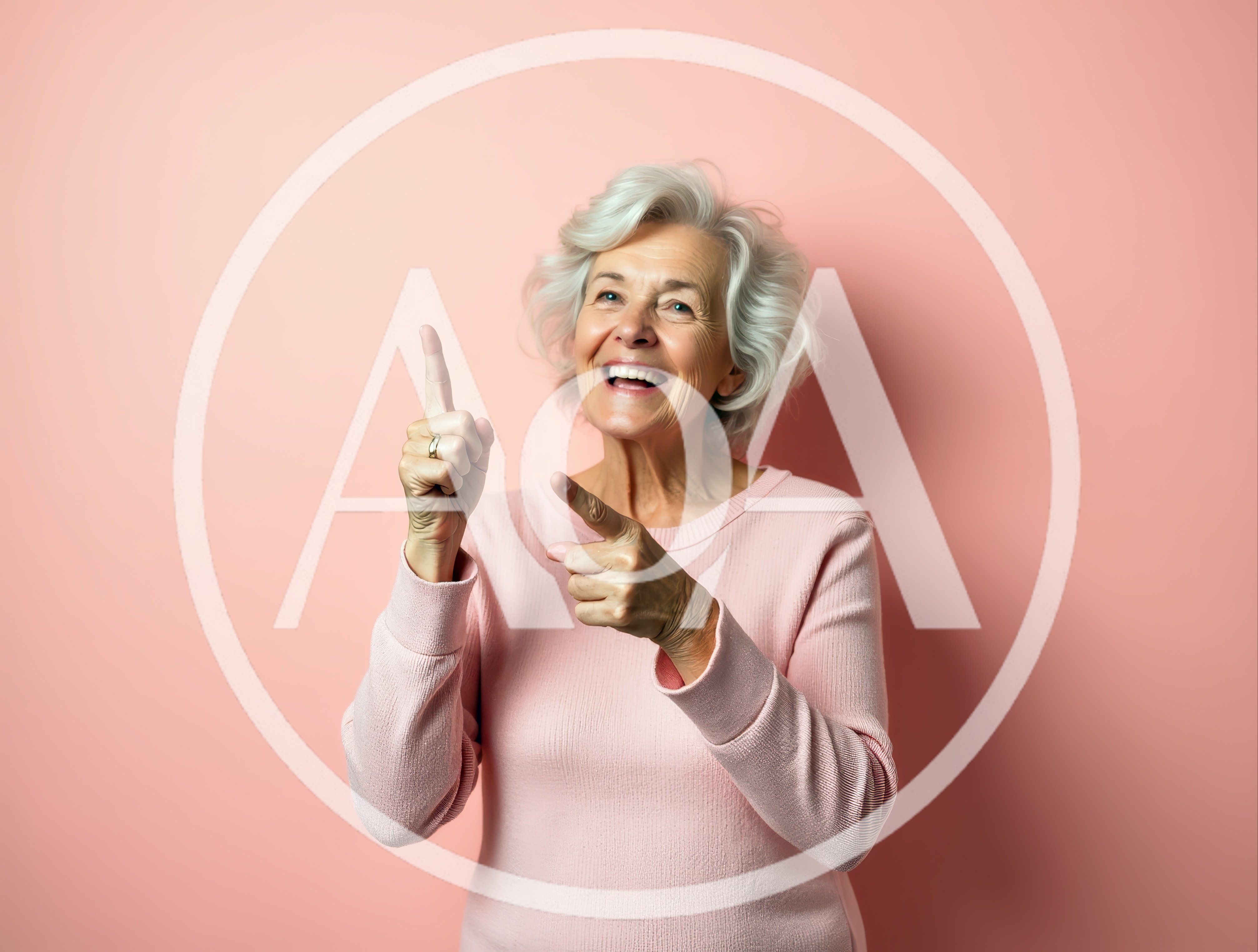 Cheerful Senior Woman Pointing Upwards Against Pink Background