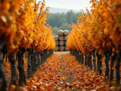 Autumn Vineyard Rows With Wine Barrels