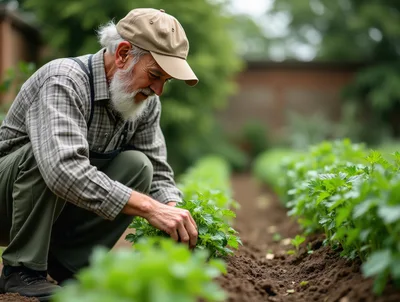 Elderly Farmer Tending To Young Green Plants In Garden