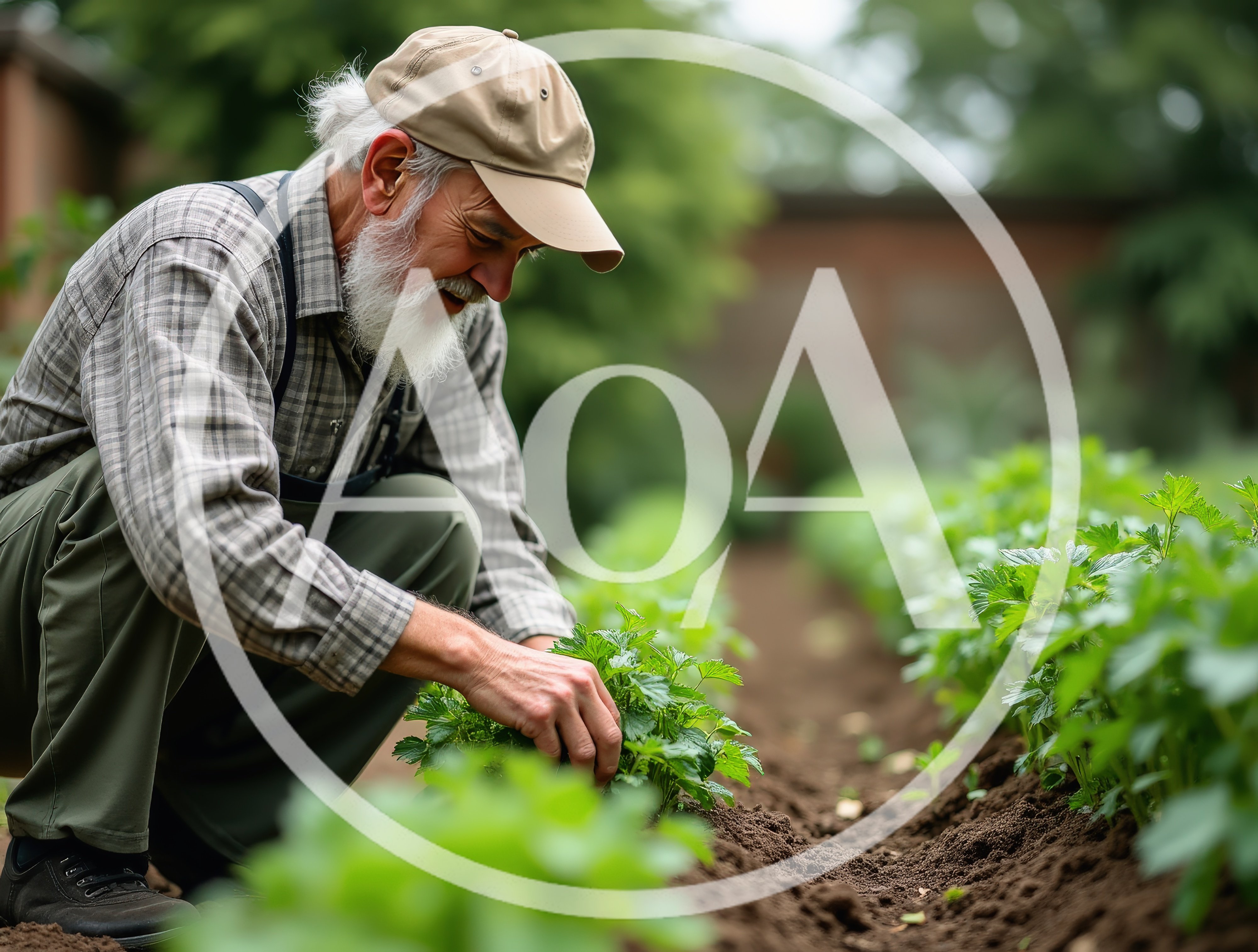 Elderly Farmer Tending To Young Green Plants In Garden