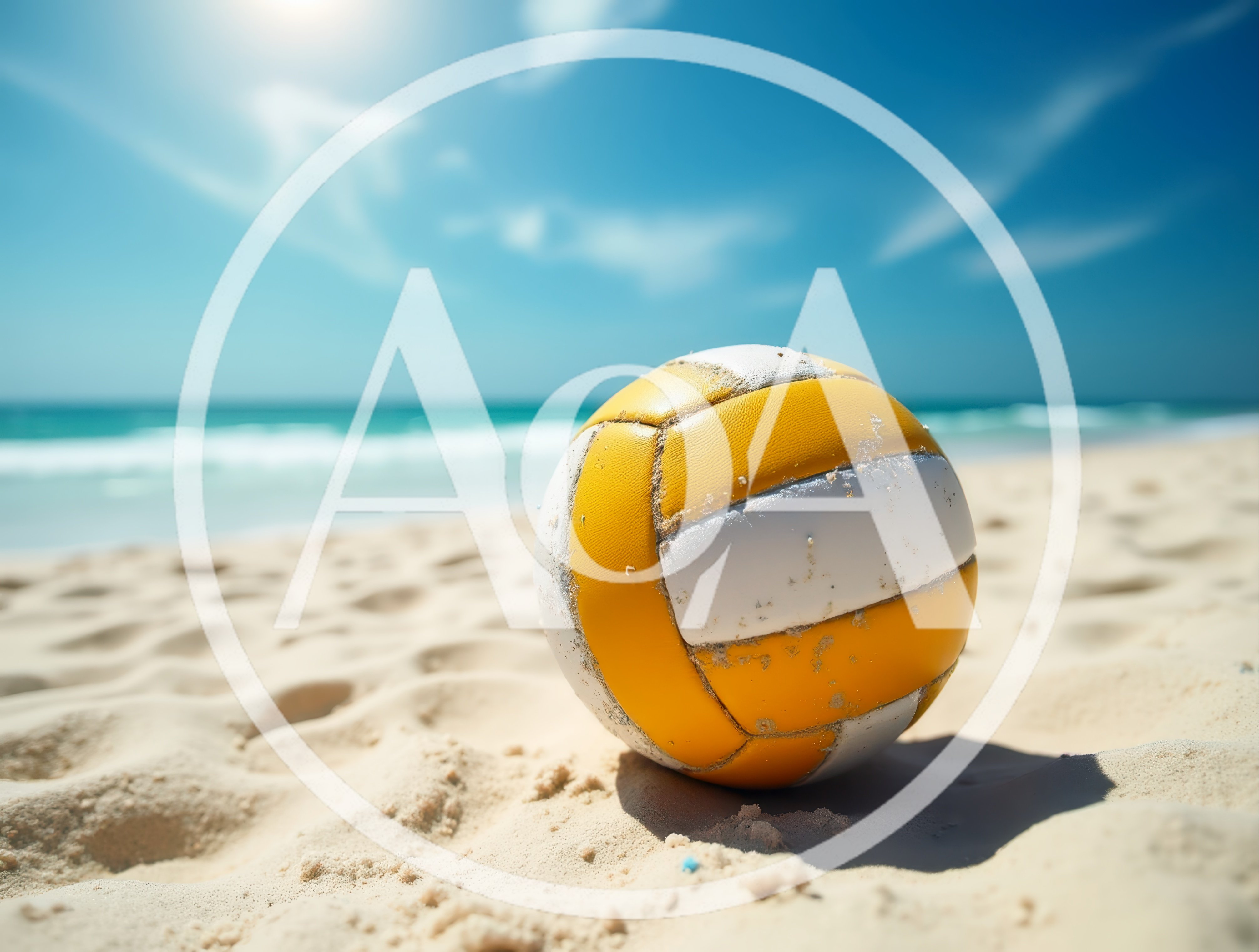 Yellow And White Volleyball Resting On Sandy Beach