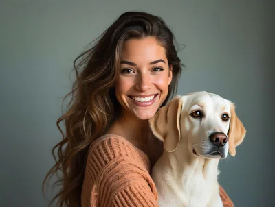 Smiling Woman Embracing Her Golden Labrador Retriever