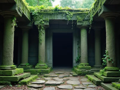 Ancient Stone Temple Entrance Overgrown With Moss