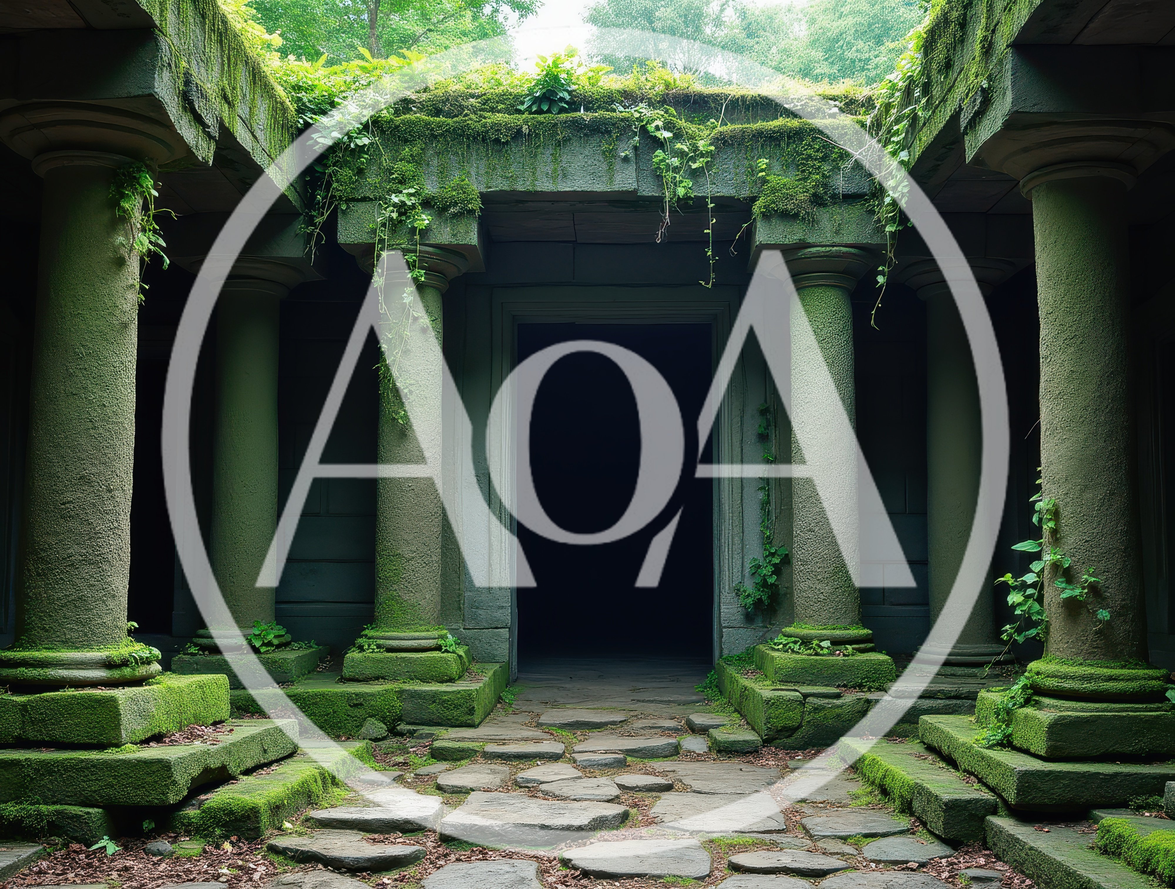 Ancient Stone Temple Entrance Overgrown With Moss