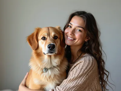 Young Woman Embracing Her Golden Retriever Dog
