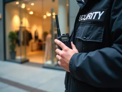 Security Guard Holding A Two Way Radio