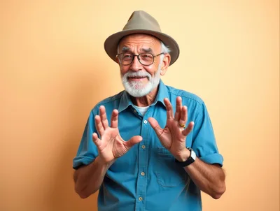 Senior Man Gesturing With Hands In Studio