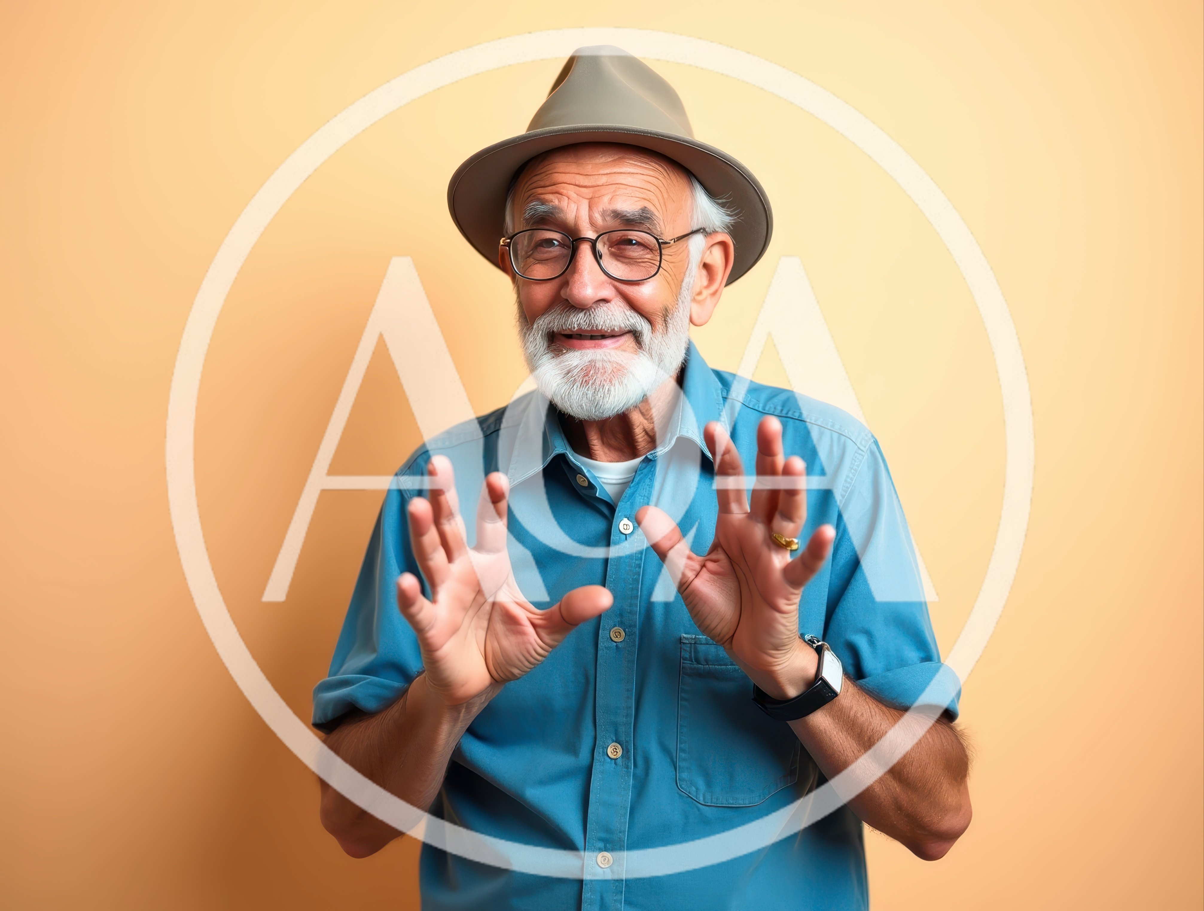 Senior Man Gesturing With Hands In Studio