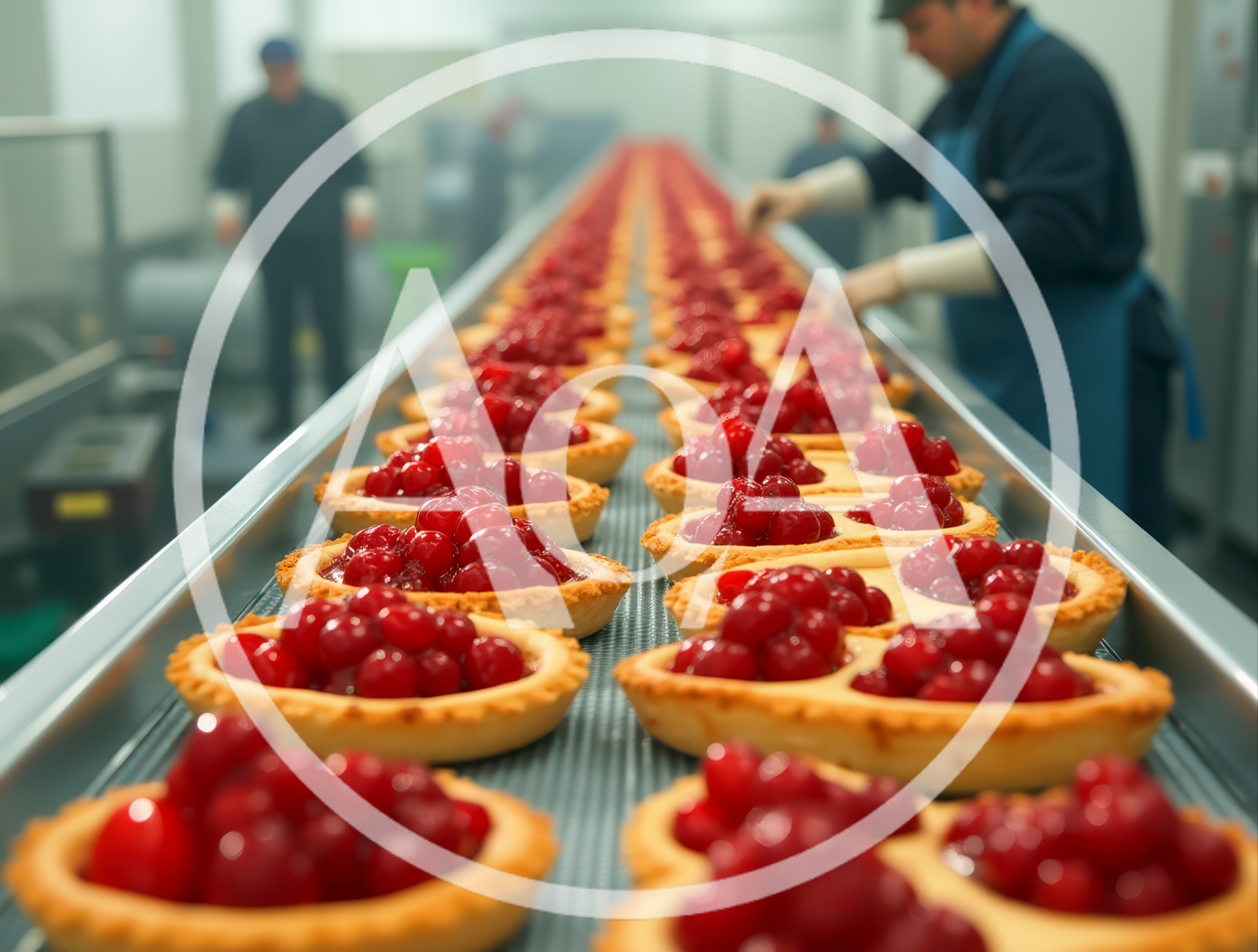 Cherry Tarts Moving Along Industrial Food Production Conveyor Belt
