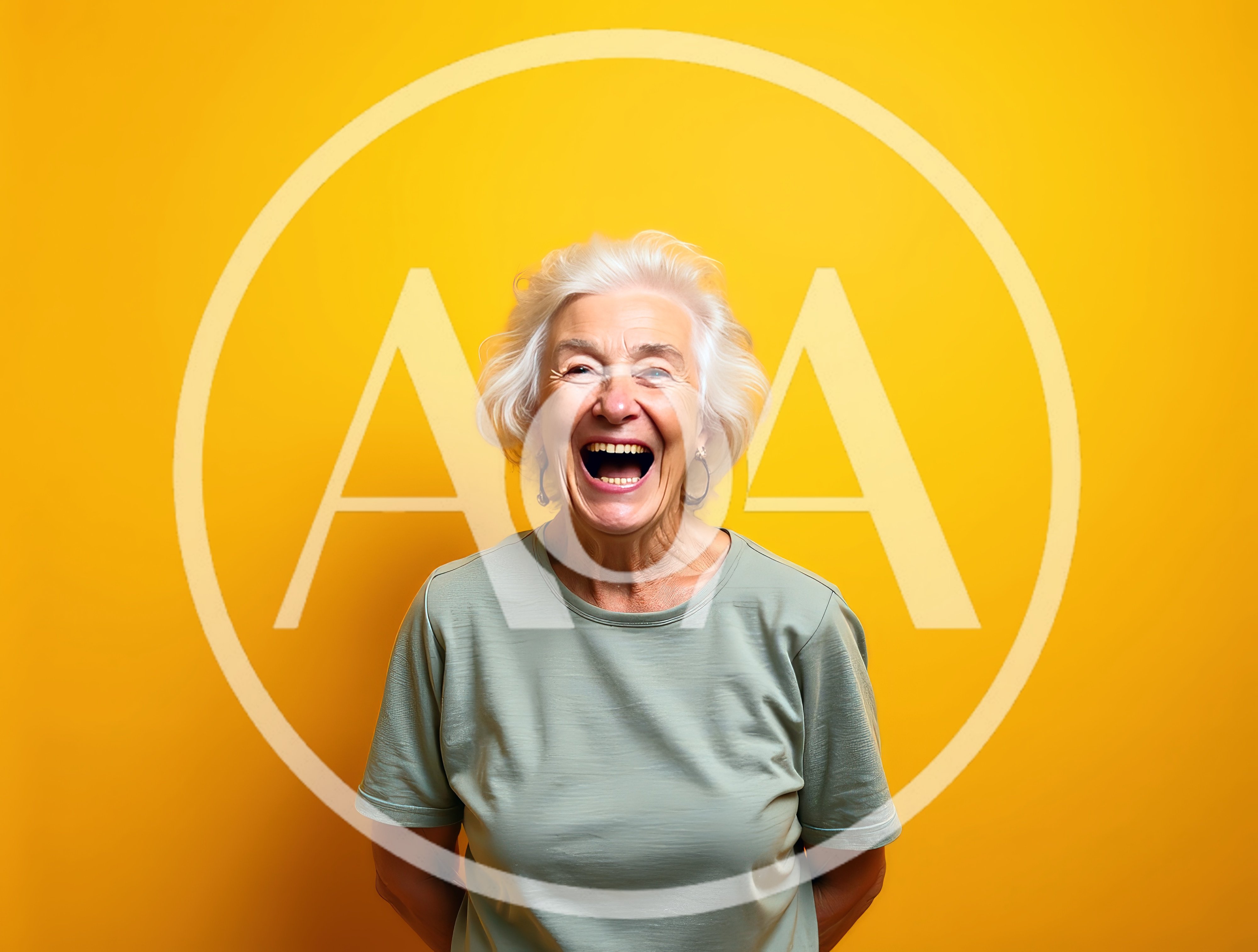 Happy Elderly Woman Laughing Against Yellow Background