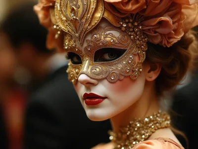 Elegant Woman Wearing Ornate Gold Venetian Masquerade Mask