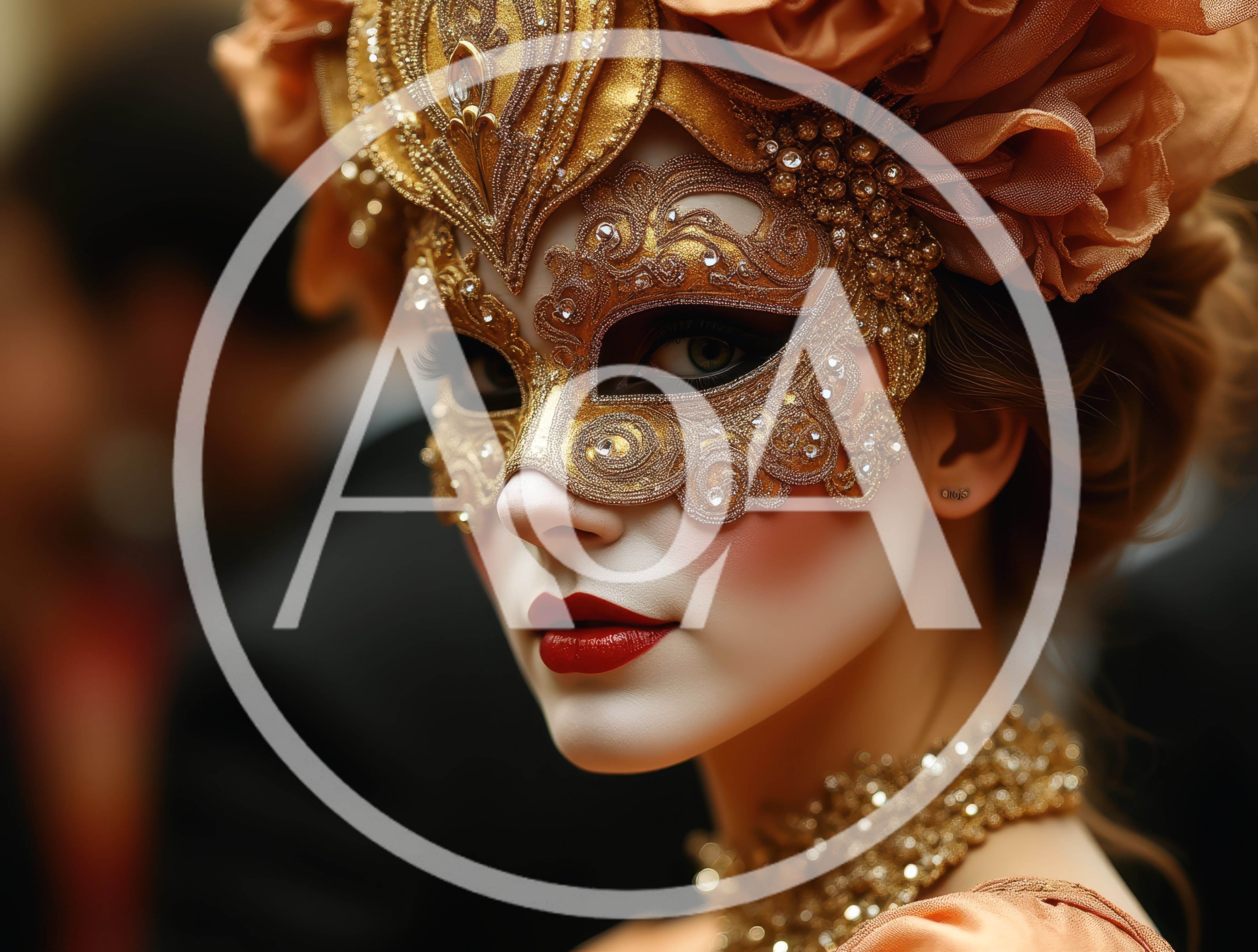 Elegant Woman Wearing Ornate Gold Venetian Masquerade Mask