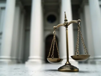 Brass Scales Of Justice In Front Of Courthouse
