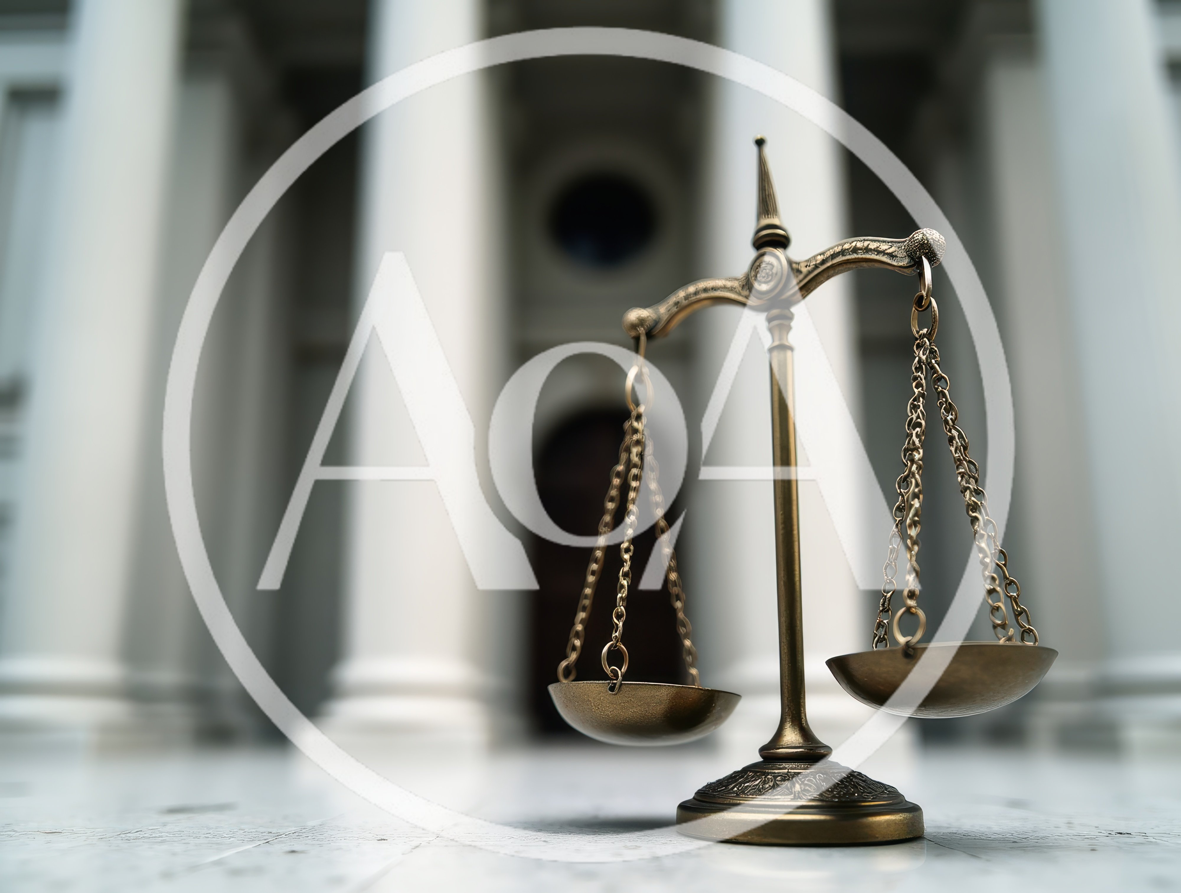 Brass Scales Of Justice In Front Of Courthouse