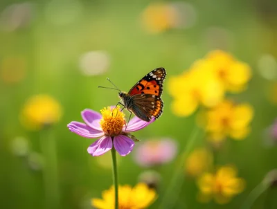 Painted Lady Butterfly Resting on a Pink Cosmos Flower