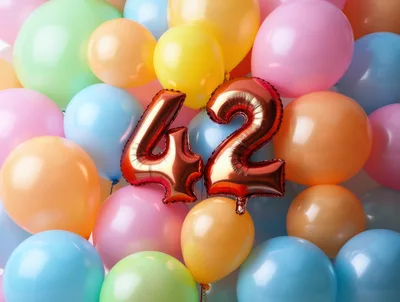 Metallic Copper Number 42 Balloons Among Pastel Balloons