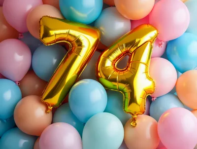 Gold Number 74 Balloons Against Pastel Balloon Background