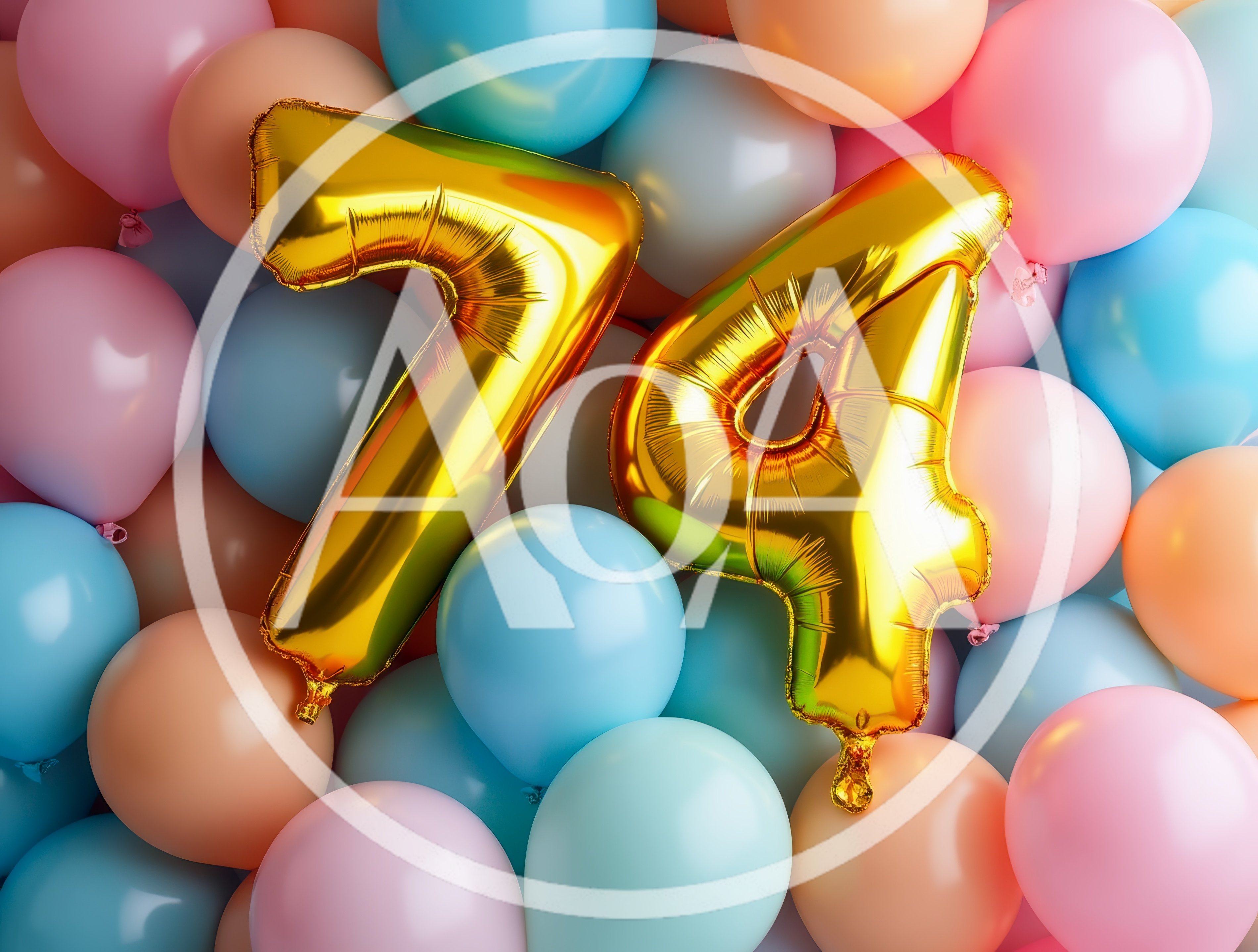 Gold Number 74 Balloons Against Pastel Balloon Background