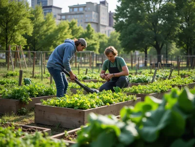 Two Gardeners Tending To Raised Vegetable Beds