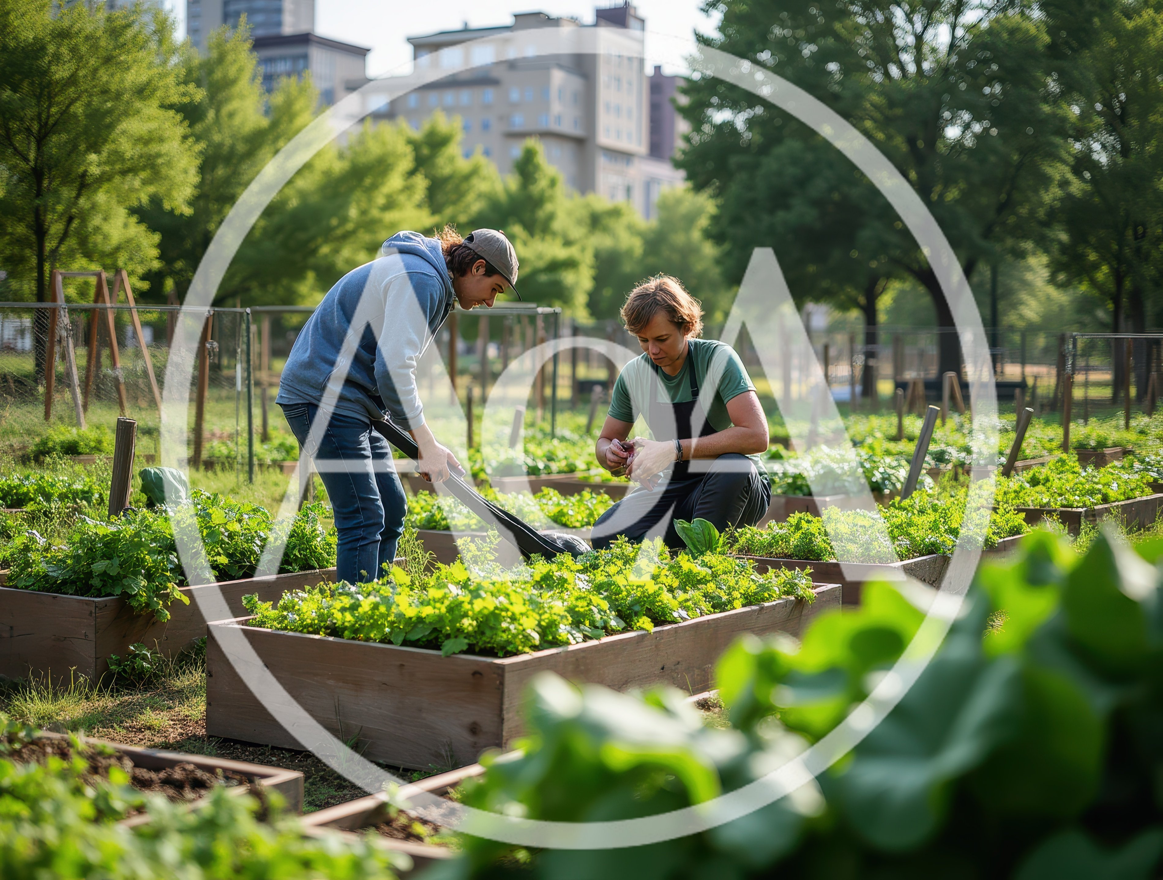 Two Gardeners Tending To Raised Vegetable Beds