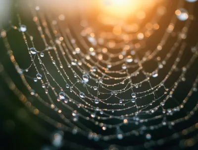 Dew Drops On A Spider Web At Sunrise