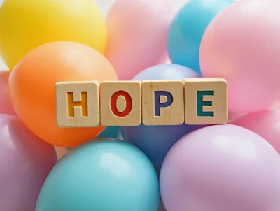 Wooden Blocks Spelling Hope Surrounded By Colorful Balloons