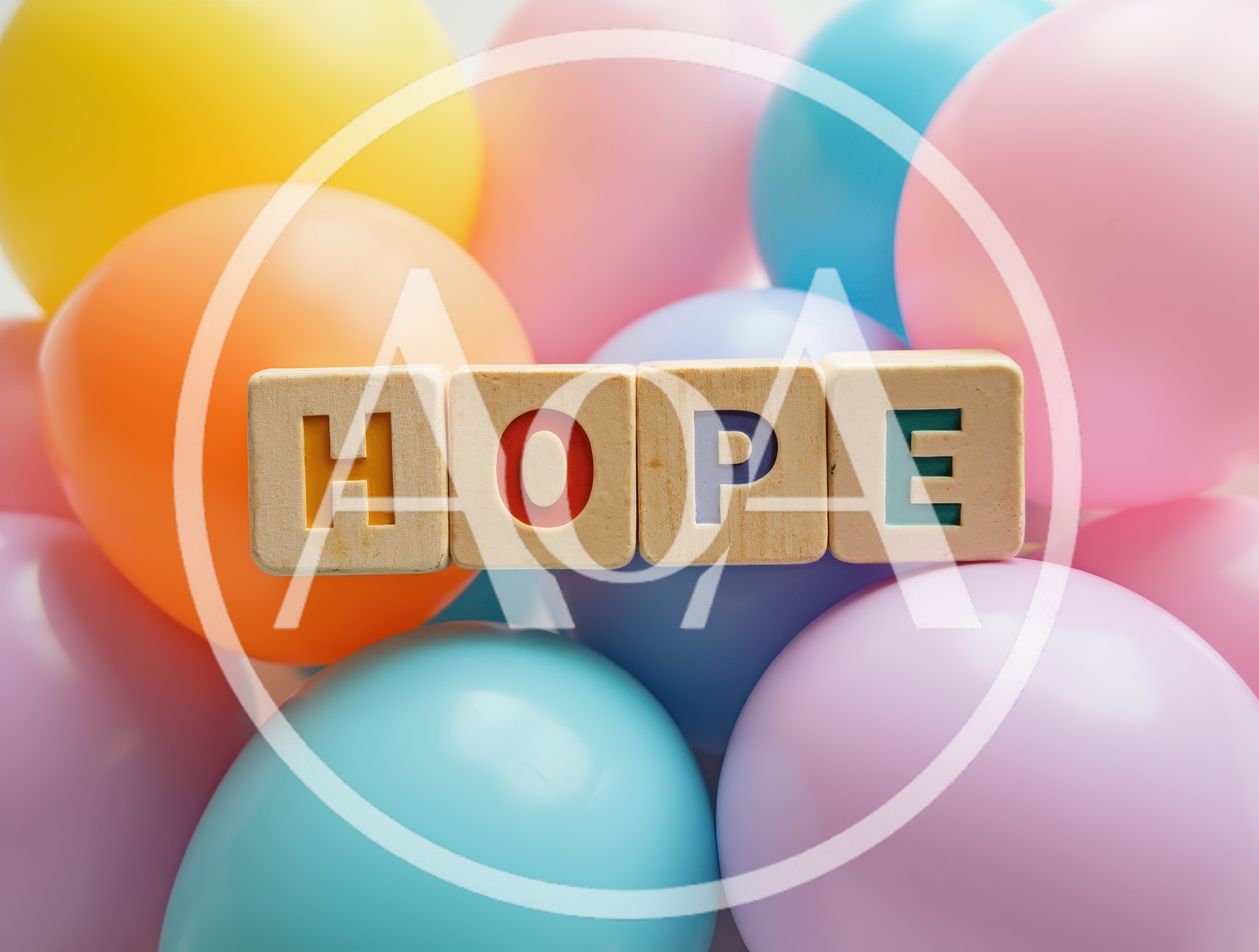 Wooden Blocks Spelling Hope Surrounded By Colorful Balloons