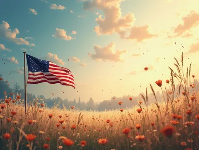 American Flag Waving Over A Wildflower Meadow