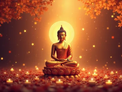 Golden Buddha Statue Meditating Amidst Candles and Flowers