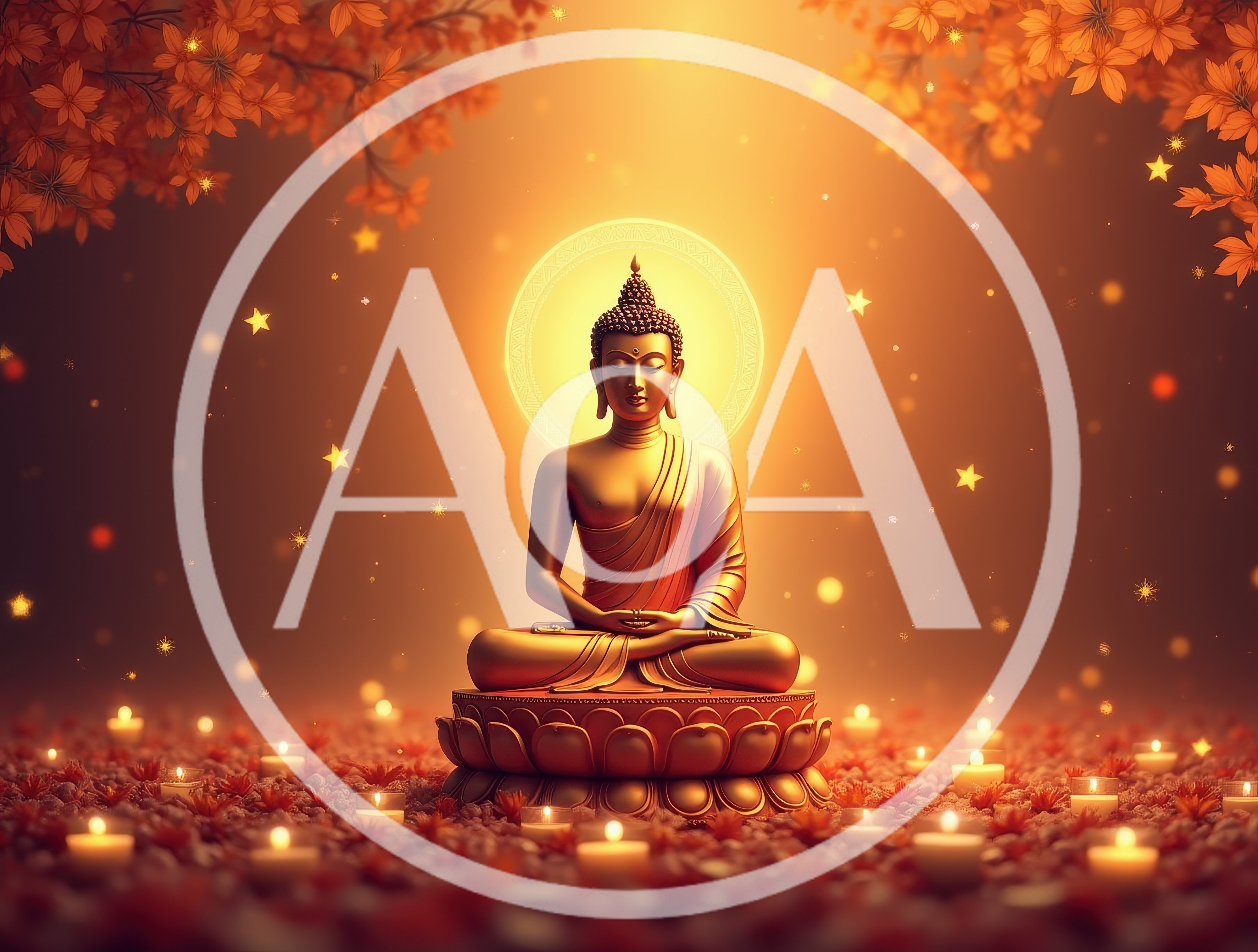 Golden Buddha Statue Meditating Amidst Candles and Flowers