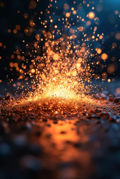 Glowing Golden Sparks Erupting From Dark Ground