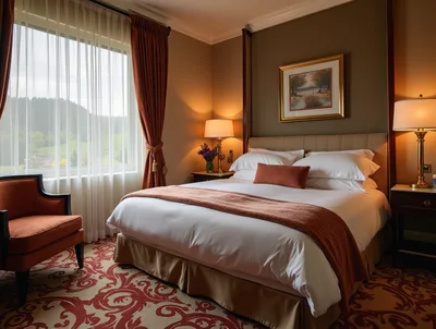 Luxury Hotel Bedroom With Warm Lighting And Scenic View