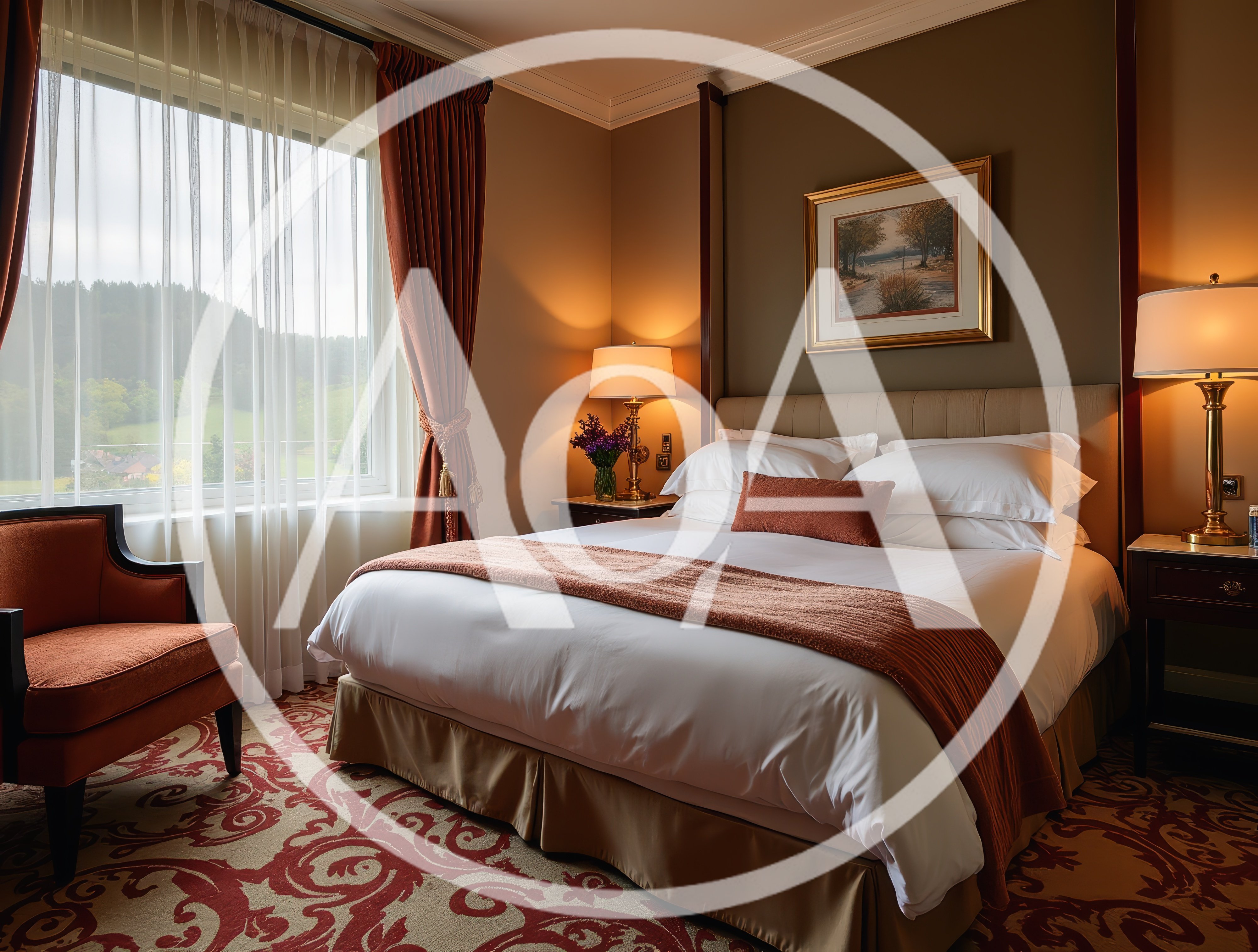 Luxury Hotel Bedroom With Warm Lighting And Scenic View