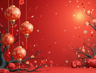 Chinese New Year Red Lanterns and Plum Blossoms