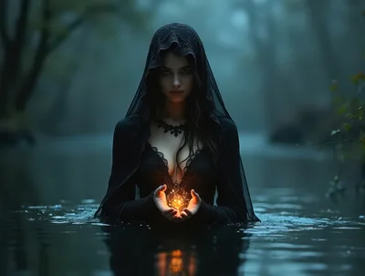 Mystical Woman Holding Glowing Light In Dark Water